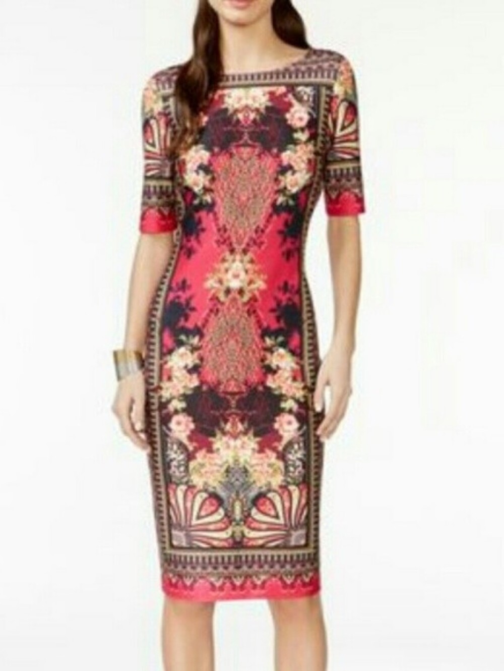 Beige by ECI Pink Paisley Printed Scuba Fitted Midi Dress Size Medium Like New